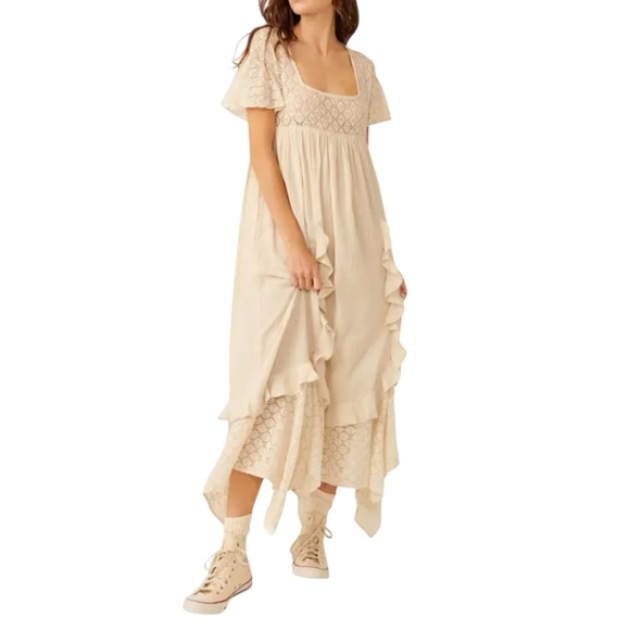 FREE PEOPLE Bring The Romance Midi Maxi Cotton Dress Neutral Sz XS oversized - Picture 1 of 17